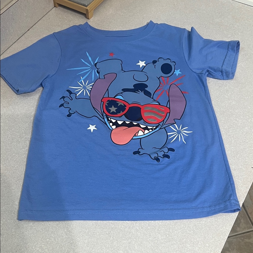 Disney Blue Stitch Tee with Red & White Star Sunglasses